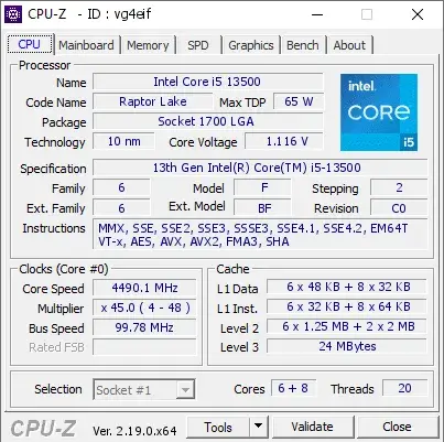 13th Gen Intel Core i5-13500的CPU-Z跑分