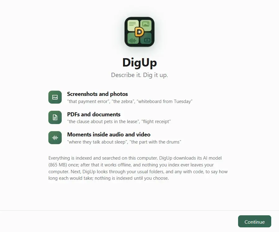 DigUp：记不住文件名，用一句话搜出电脑里的照片和录音