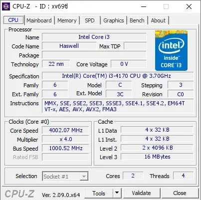 Intel Core i3-4170的CPU-Z跑分