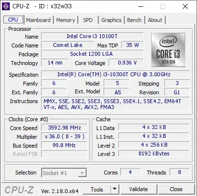 Intel Core i3-10300T的CPU-Z跑分