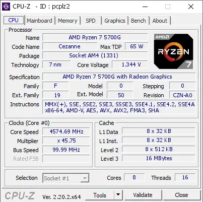 AMD Ryzen 7 5700G的CPU-Z跑分