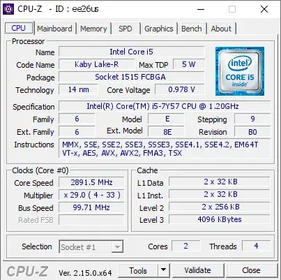 Intel Core i5-7Y57 CPU的CPU-Z跑分