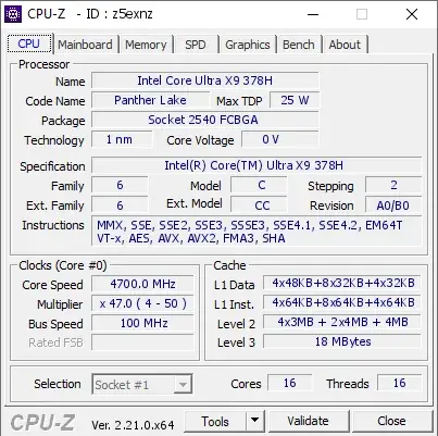 Intel Core Ultra X9 378H的CPU-Z跑分