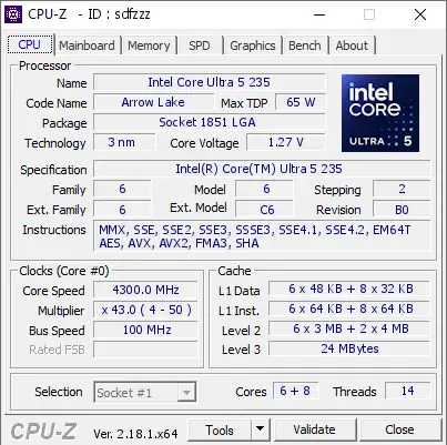 Intel Core Ultra 5 235的CPU-Z跑分