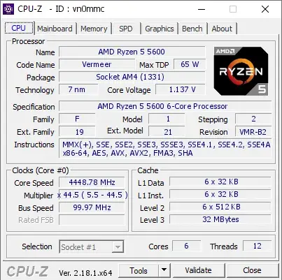 AMD Ryzen 5 5600的CPU-Z跑分