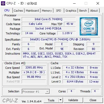 Intel Core i5-7440HQ的CPU-Z跑分