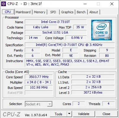 Intel Core i3-7100T的CPU-Z跑分