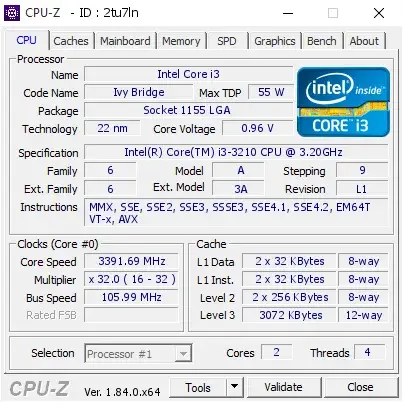 Intel Core i3-3210的CPU-Z跑分
