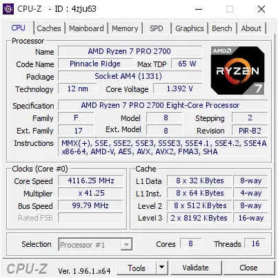 AMD Ryzen 7 PRO 2700的CPU-Z跑分